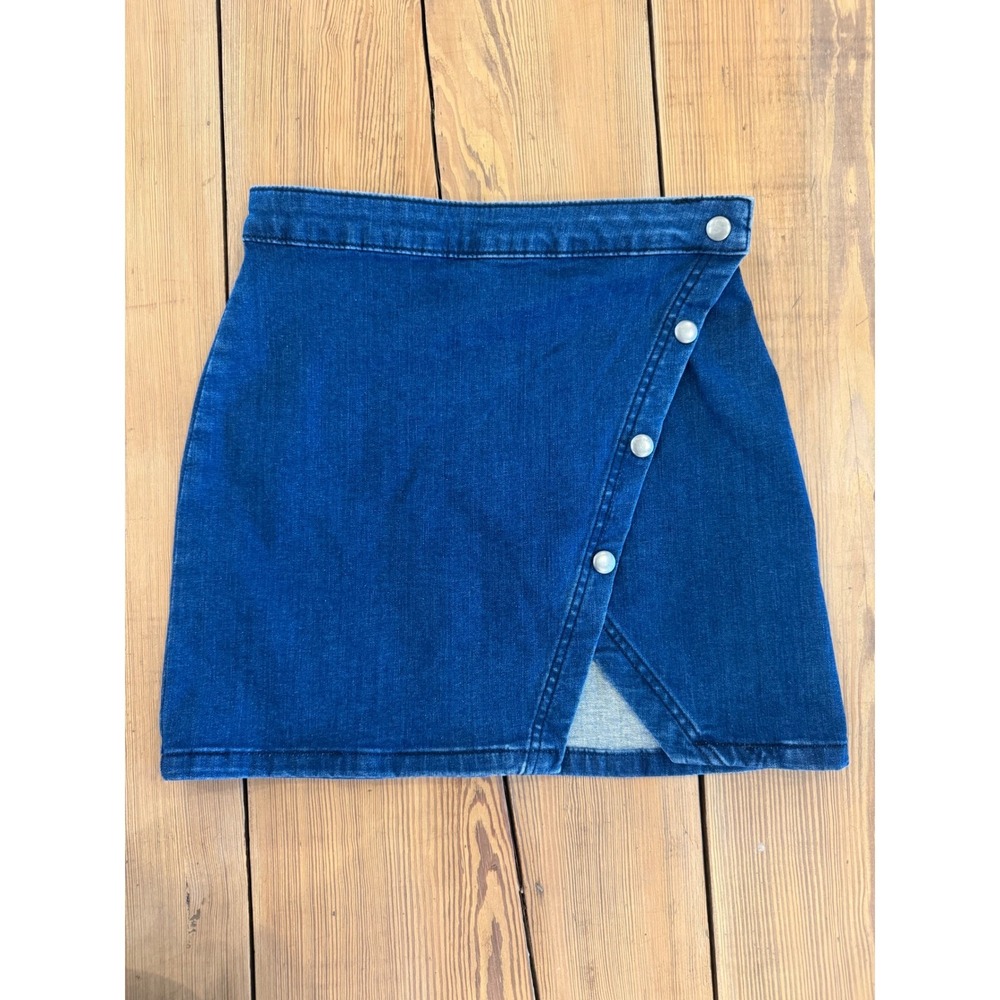 We The Free Free People Denim Asymmetrical Mini‎ Skirt Blue Button Wrap Front 2